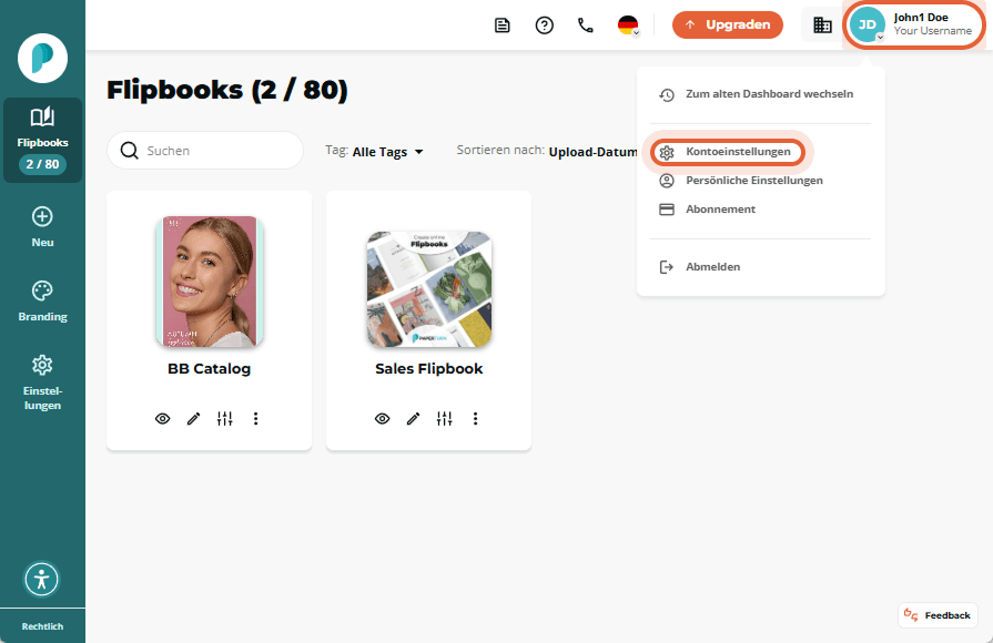 Account-Dropdown mit der Option „Kontoeinstellungen“ auf dem Flipbooks-Dashboard hervorgehoben.