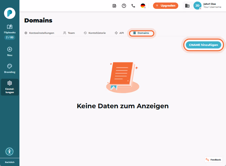 Domains-Seite mit hervorgehobener Registerkarte „Domains“ und Schaltfläche „Add CNAME“. Domains-Seite mit hervorgehobener Registerkarte „Domains“ und Schaltfläche „Add CNAME“.