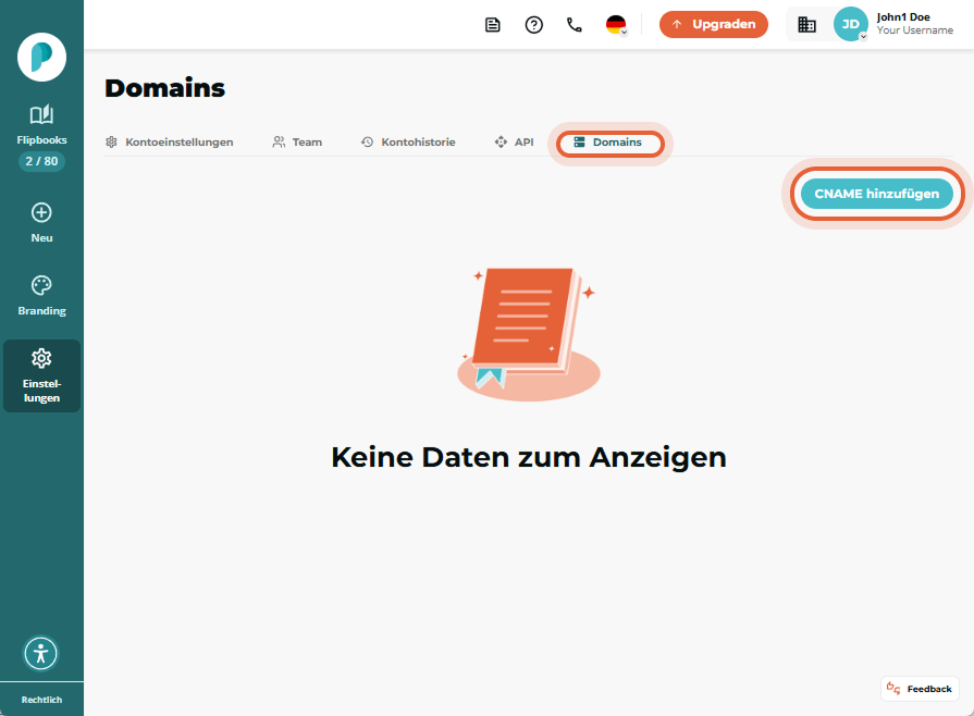 Domains-Seite mit hervorgehobener Registerkarte „Domains“ und Schaltfläche „Add CNAME“.