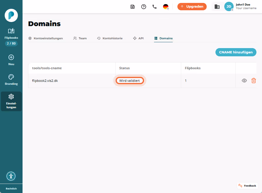 Domains-Liste mit einem CNAME-Eintrag, bei dem das Statusabzeichen „Validating“ hervorgehoben ist. Domains-Liste mit einem CNAME-Eintrag, bei dem das Statusabzeichen „Validating“ hervorgehoben ist.