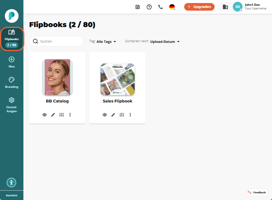 Flipbooks-Bereich der Seitenleiste auf dem Haupt-Dashboard hervorgehoben.