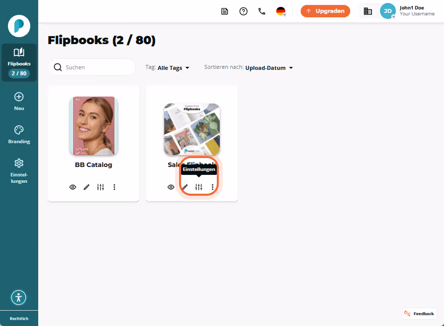 Flipbooks-Dashboard mit dem Schieberegler-Symbol „Einstellungen“ für „Sales Flipbook“ hervorgehoben. Flipbooks-Dashboard mit dem Schieberegler-Symbol „Einstellungen“ für „Sales Flipbook“ hervorgehoben.