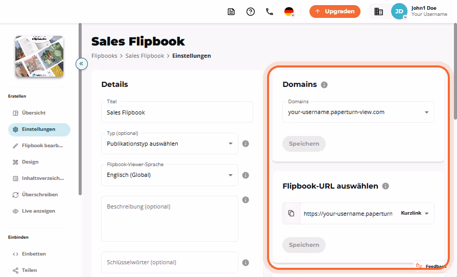 Sales Flipbook-Einstellungsseite mit leerem Domains-Dropdown und hervorgehobenem URL-Optionsfeld. Sales Flipbook-Einstellungsseite mit leerem Domains-Dropdown und hervorgehobenem URL-Optionsfeld.