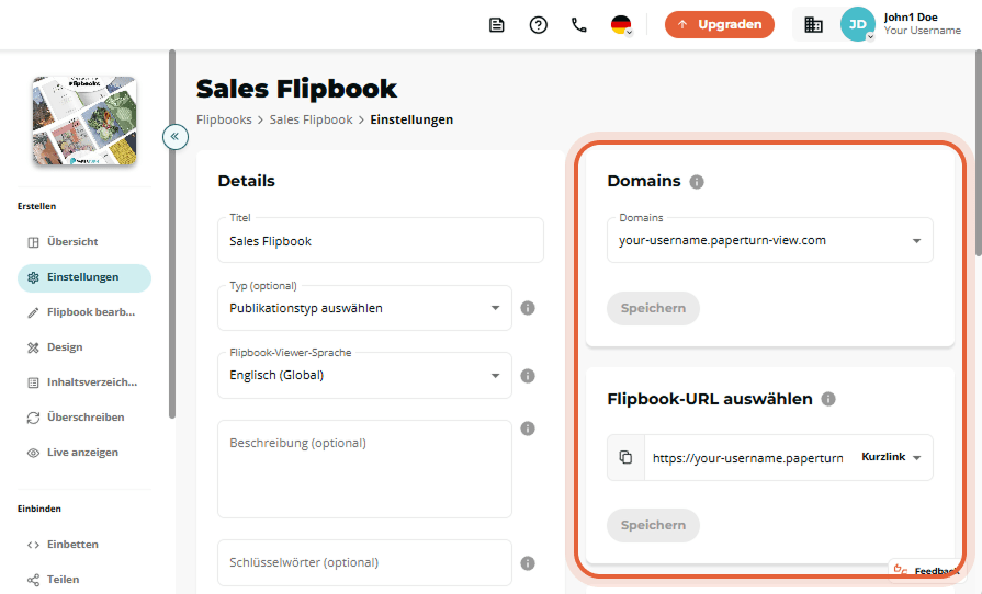 Sales Flipbook-Einstellungsseite mit leerem Domains-Dropdown und hervorgehobenem URL-Optionsfeld.