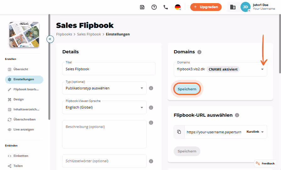 Sales Flipbook-Einstellungsseite mit aktiviertem CNAME im Domains-Dropdown und hervorgehobener Schal Sales Flipbook-Einstellungsseite mit aktiviertem CNAME im Domains-Dropdown und hervorgehobener Schal