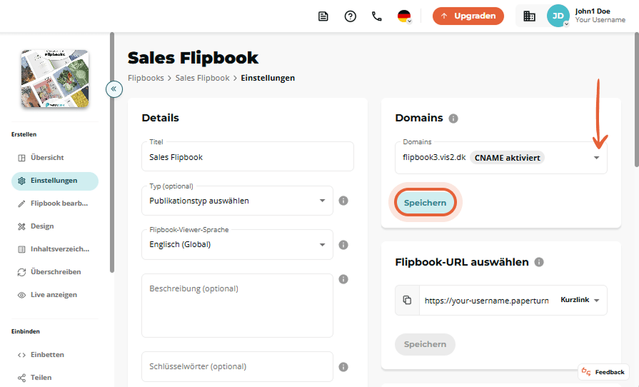 Sales Flipbook-Einstellungsseite mit aktiviertem CNAME im Domains-Dropdown und hervorgehobener Schal