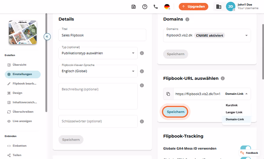 Sales Flipbook-Einstellungsseite zeigt generierten Domain-Link-Typ ausgewählt und die Schaltfläche „ Sales Flipbook-Einstellungsseite zeigt generierten Domain-Link-Typ ausgewählt und die Schaltfläche „