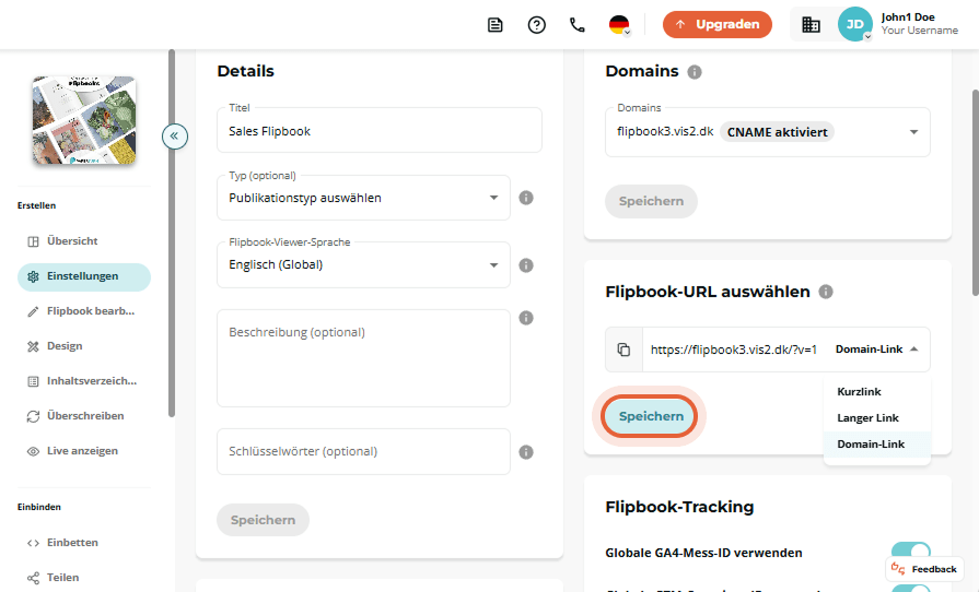 Sales Flipbook-Einstellungsseite zeigt generierten Domain-Link-Typ ausgewählt und die Schaltfläche „