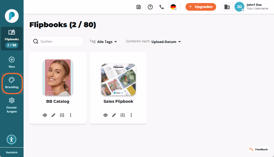 Flipbooks-Dashboard mit zwei Flipbook-Karten; in der linken Seitenleiste ist die Schaltfläche „Brand