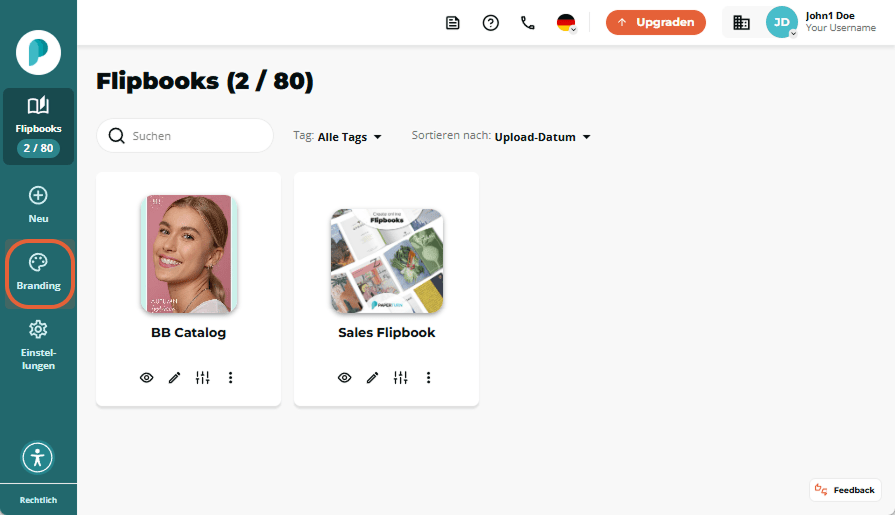 Flipbooks-Dashboard mit zwei Flipbook-Karten; in der linken Seitenleiste ist die Schaltfläche „Brand
