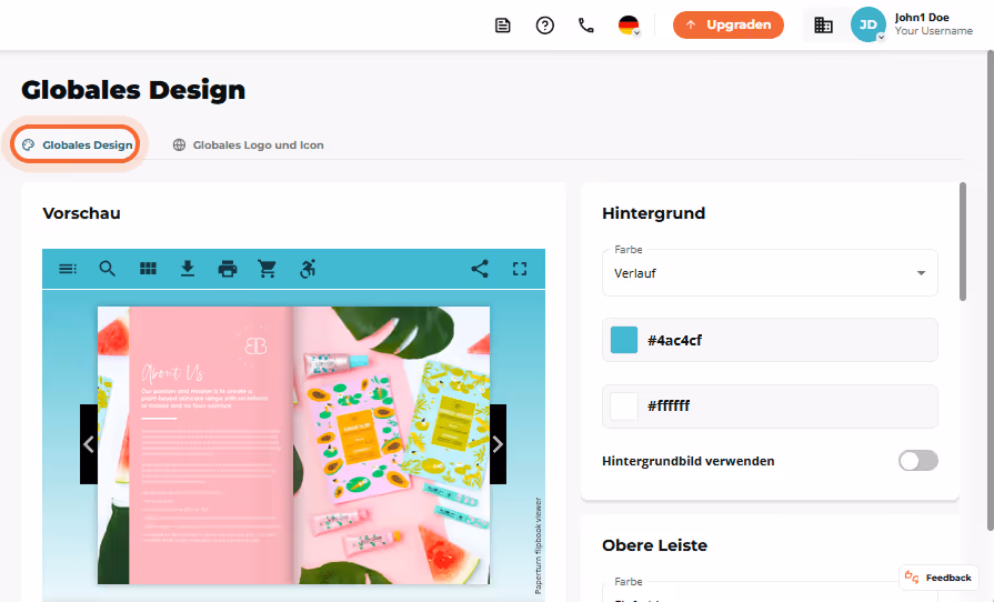 Globale Designseite geöffnet mit aktivem Tab „Globales Design“ sowie Flipbook-Vorschau und Hintergru