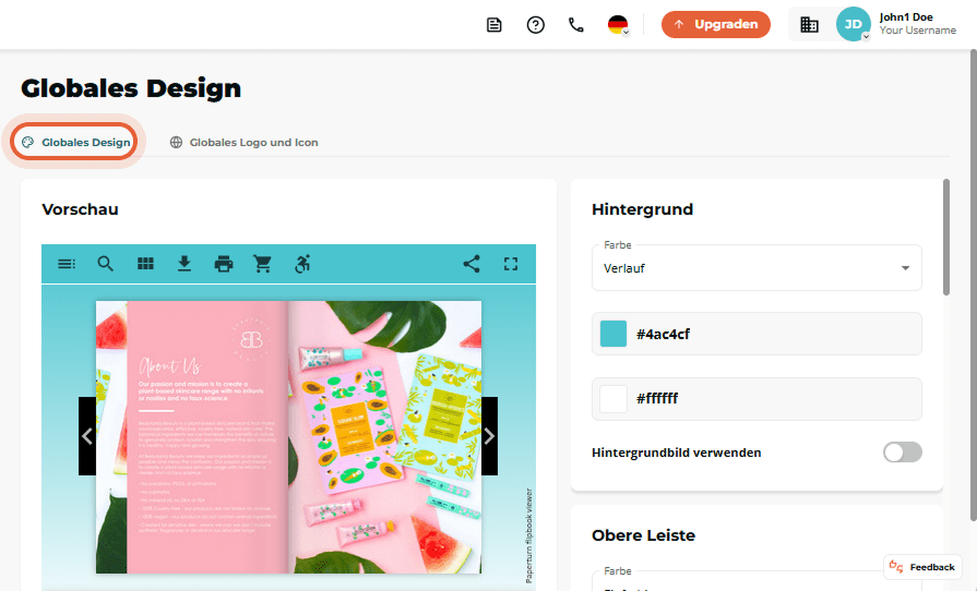 Globale Designseite geöffnet mit aktivem Tab „Globales Design“ sowie Flipbook-Vorschau und Hintergru