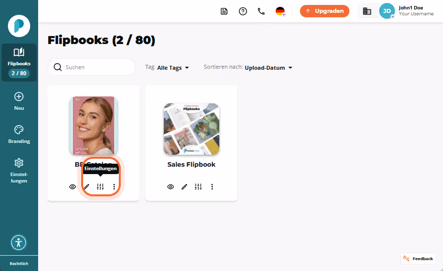 Flipbooks-Dashboard erneut; die Schieberegler-„Einstellungen“-Schaltfläche ist auf der BB-Katalog-Ka