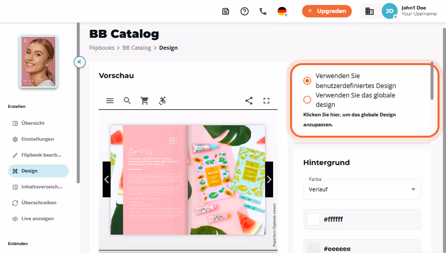 Design-Tab des BB-Katalogs, der Radiobuttons für „Benutzerdefiniertes Design verwenden“ oder „Global