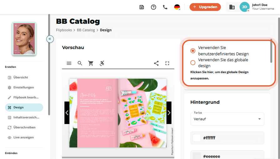 Design-Tab des BB-Katalogs, der Radiobuttons für „Benutzerdefiniertes Design verwenden“ oder „Global