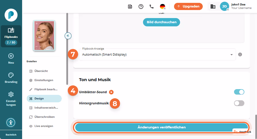 Abschnitt „Ton und Musik“, wo der Seitengeräusch-Schalter mit 4 und Hintergrundmusik mit 8 markiert 