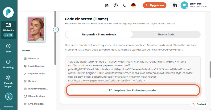 Kopieren Sie den Embed-Code für das Flipbook über die Schaltfläche 