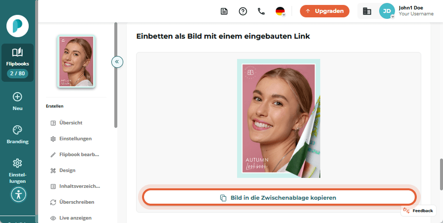 Kopieren Sie das Flipbook-Bild mit eingebettetem Link mit dem Button 