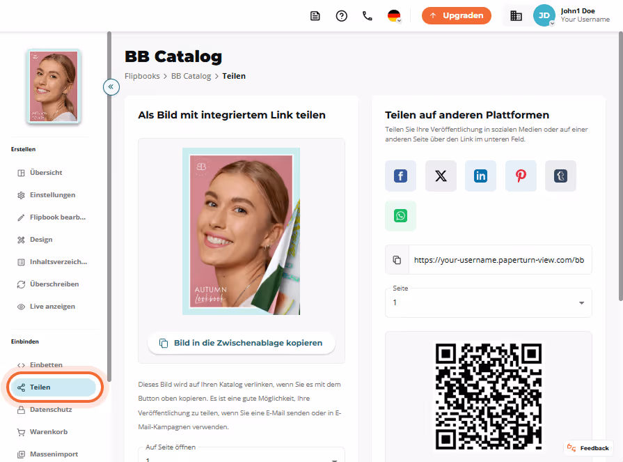 „BB Catalog“-Reiter Share mit einer Bildlink-Vorschau und sichtbaren Social-Media-Share-Symbolen.
