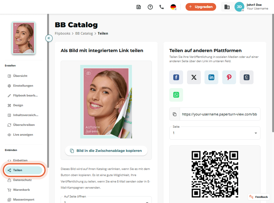 „BB Catalog“-Reiter Share mit einer Bildlink-Vorschau und sichtbaren Social-Media-Share-Symbolen.