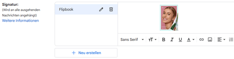 Gmail-Signatur-Editor, der das Flipbook-Titelbild in der Signatur zeigt.