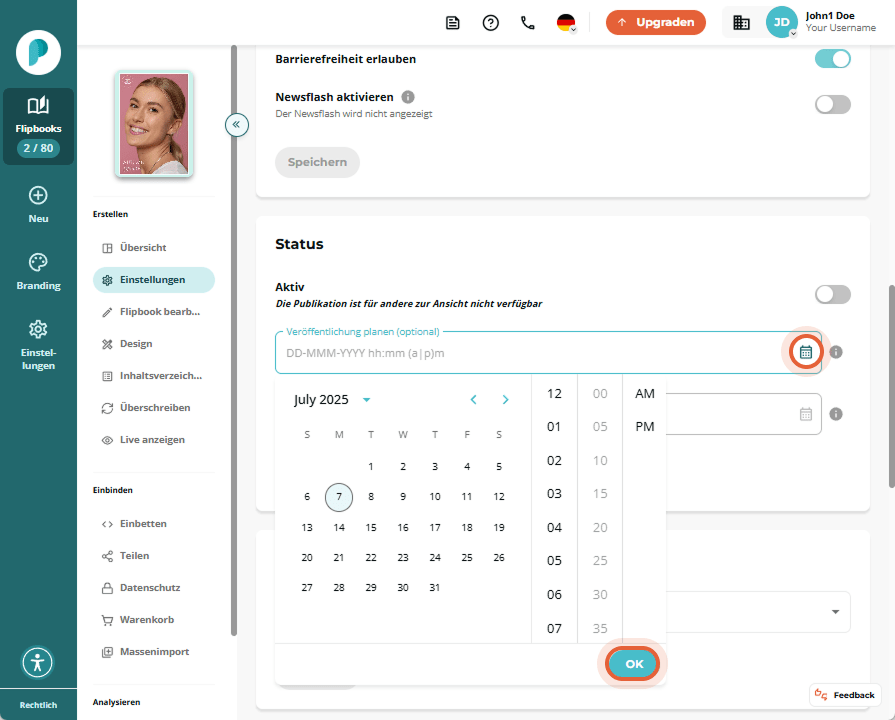 Scrollen Sie zum Abschnitt „Status“, klicken Sie auf das Kalendersymbol, um den Datums- und Uhrzeitw