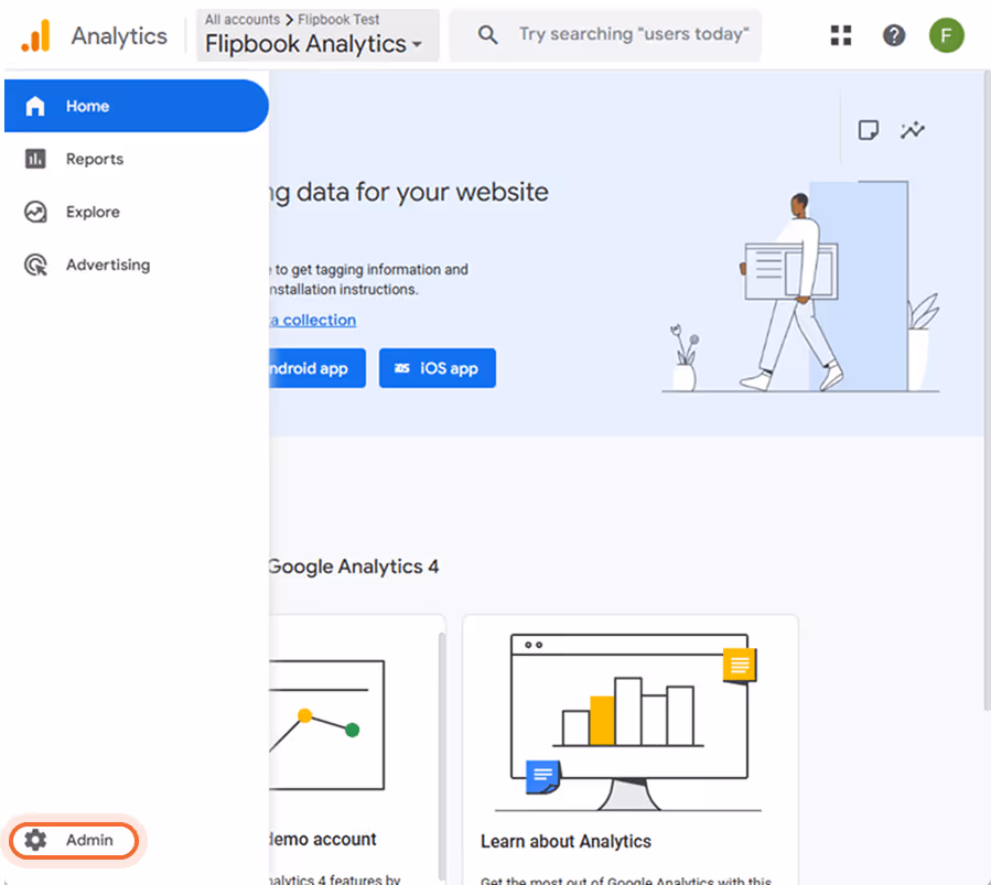 Startbildschirm von Google Analytics mit dem Flipbook Analytics-Konto und einer Seitenleiste, in der Startbildschirm von Google Analytics mit dem Flipbook Analytics-Konto und einer Seitenleiste, in der