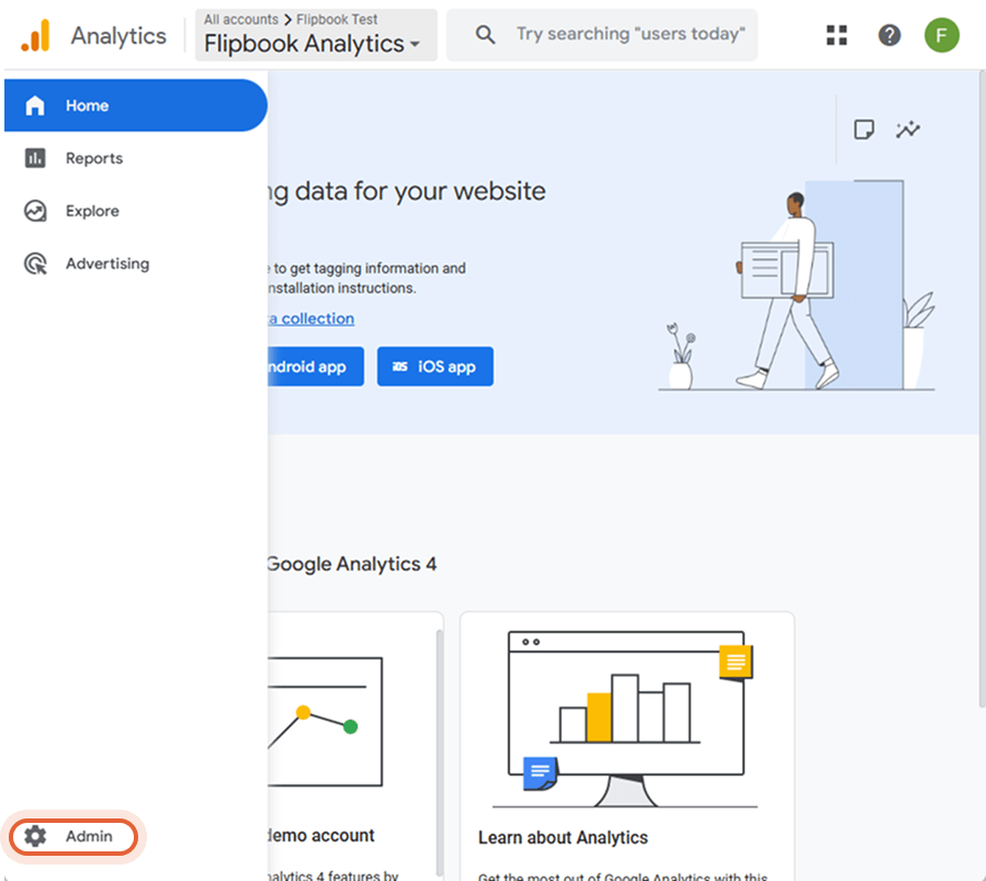 Startbildschirm von Google Analytics mit dem Flipbook Analytics-Konto und einer Seitenleiste, in der