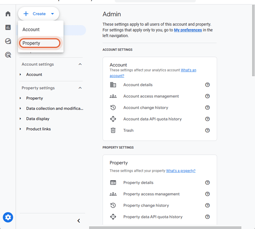 Admin-Bereich in Google Analytics mit ausgewählter Option zur Erstellung einer neuen Property.