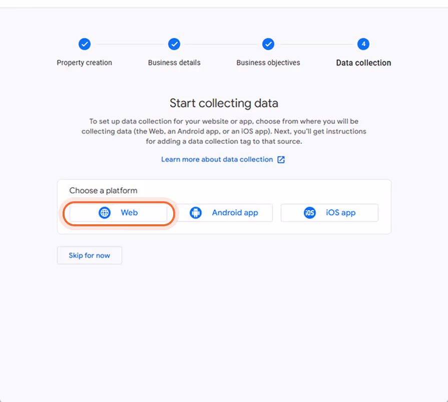 Einrichtung der Datenerfassung in Google Analytics mit hervorgehobener Web-Plattform-Option. Einrichtung der Datenerfassung in Google Analytics mit hervorgehobener Web-Plattform-Option.