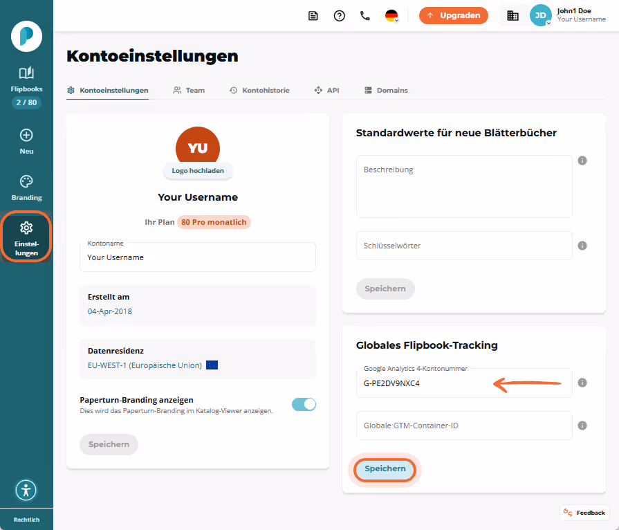 Einstellungsseite des Paperturn-Kontos, auf der die GA4-Mess-ID eingegeben wird. Einstellungsseite des Paperturn-Kontos, auf der die GA4-Mess-ID eingegeben wird.