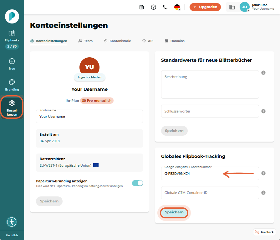Einstellungsseite des Paperturn-Kontos, auf der die GA4-Mess-ID eingegeben wird.