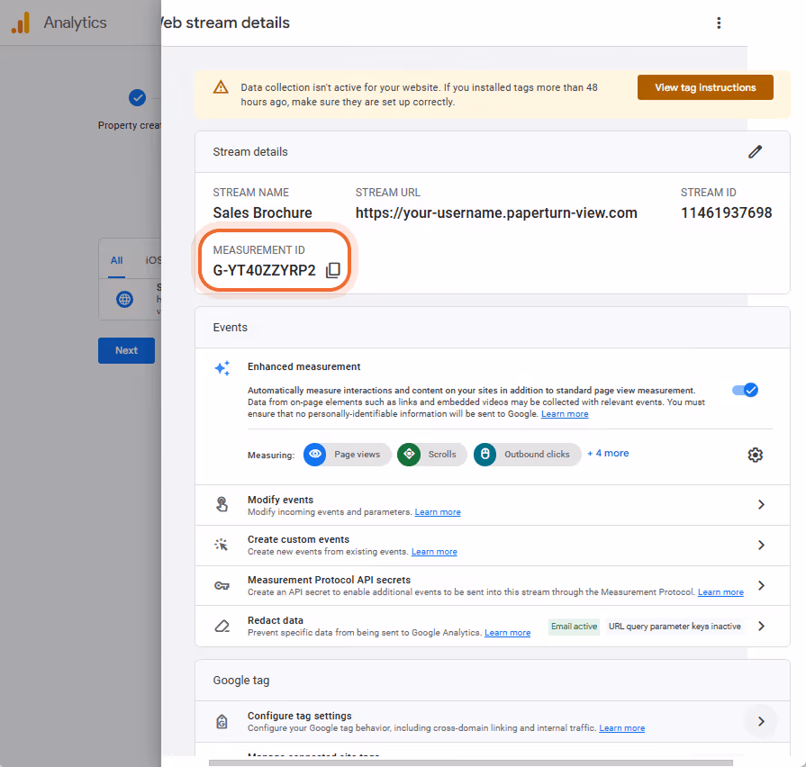 Detailansicht des Webstreams in GA4 mit der Mess-ID „G-YT40ZZYRP2“. Detailansicht des Webstreams in GA4 mit der Mess-ID „G-YT40ZZYRP2“.