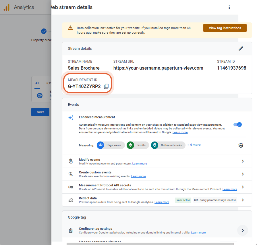 Detailansicht des Webstreams in GA4 mit der Mess-ID „G-YT40ZZYRP2“.