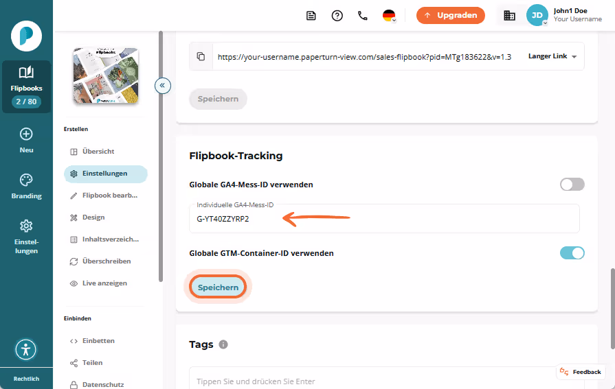 Flipbook-Tracking-Einstellungen mit ausgefülltem GA4-Mess-ID-Feld und hervorgehobener „Speichern“-Sc Flipbook-Tracking-Einstellungen mit ausgefülltem GA4-Mess-ID-Feld und hervorgehobener „Speichern“-Sc