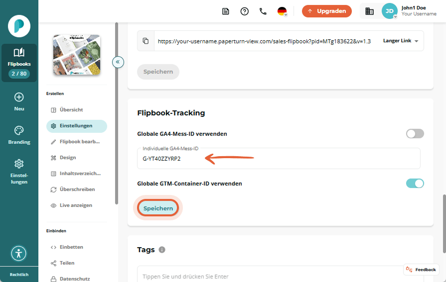 Flipbook-Tracking-Einstellungen mit ausgefülltem GA4-Mess-ID-Feld und hervorgehobener „Speichern“-Sc