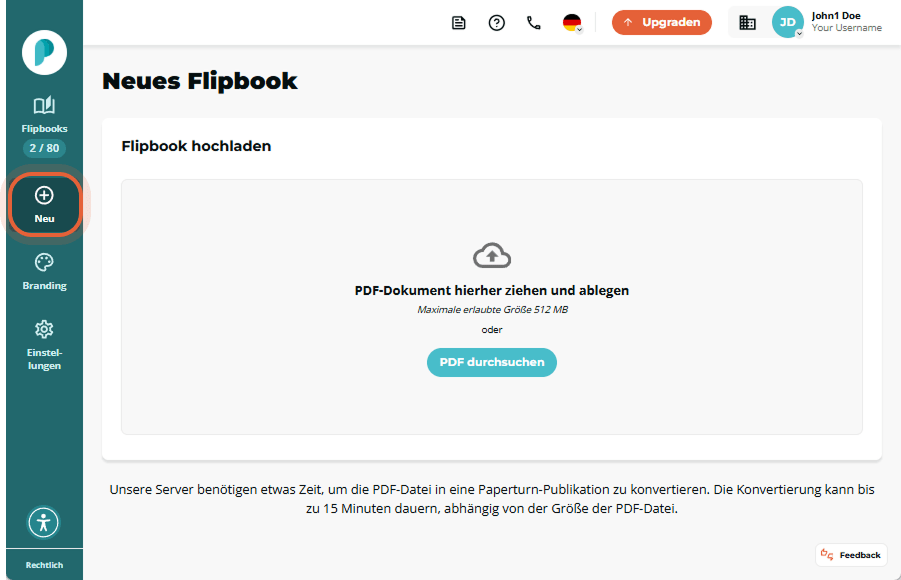 Paperturn Dashboard Ansicht „Neues Flipbook“ mit dem in der Seitenleiste eingekreisten „＋ Neu“ Butto