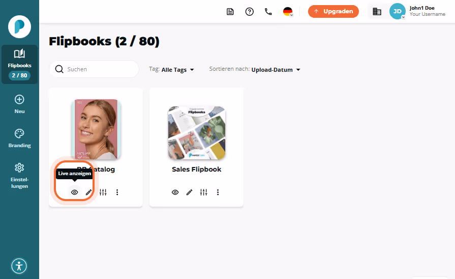 Flipbook Übersicht mit zwei Vorschaubildern; die erste Flipbook Karte ist eingekreist und zeigt über