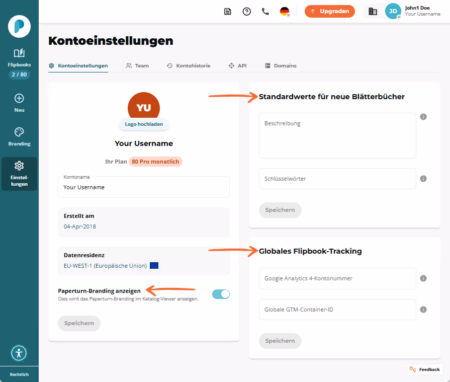 Kontoeinstellungen Bildschirm mit Kontoinformationen, Standard Flipbook Feldern, Branding Umschalter