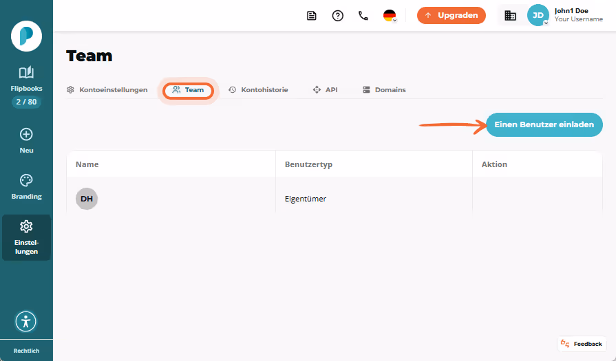 Screenshot der Plattform, der zeigt, wie ein Benutzer zur Team Funktion navigieren kann, um weitere 