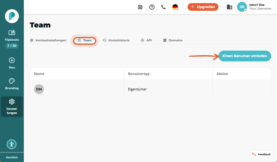 Screenshot der Plattform, der zeigt, wie ein Benutzer zur Team Funktion navigieren kann, um weitere 