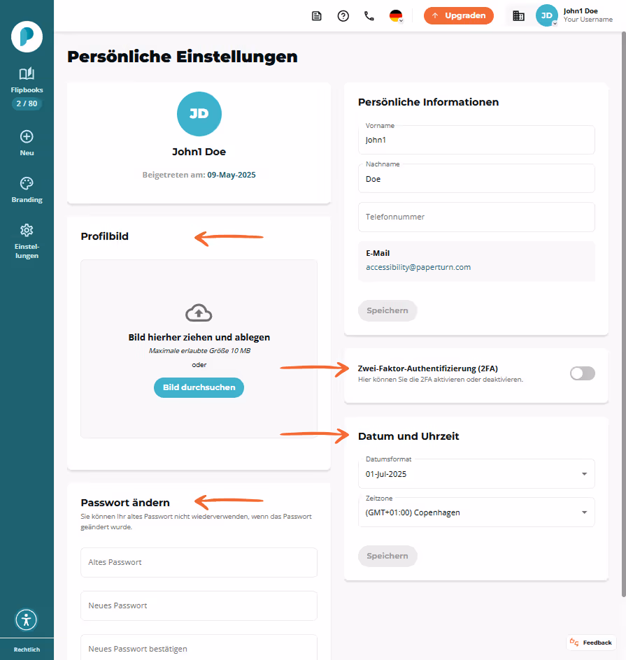 Seite „Persönliche Einstellungen“ mit Avatar, Bild Upload Feld, Kontaktfeldern, 2FA Schalter sowie A
