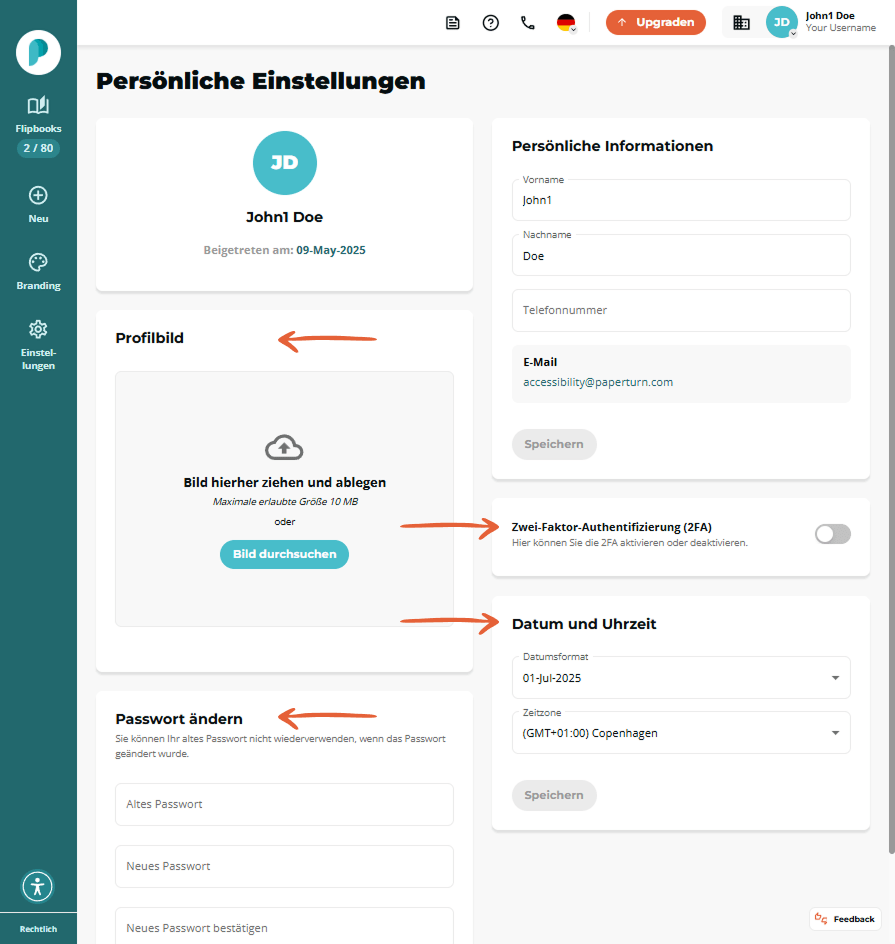 Seite „Persönliche Einstellungen“ mit Avatar, Bild Upload Feld, Kontaktfeldern, 2FA Schalter sowie A