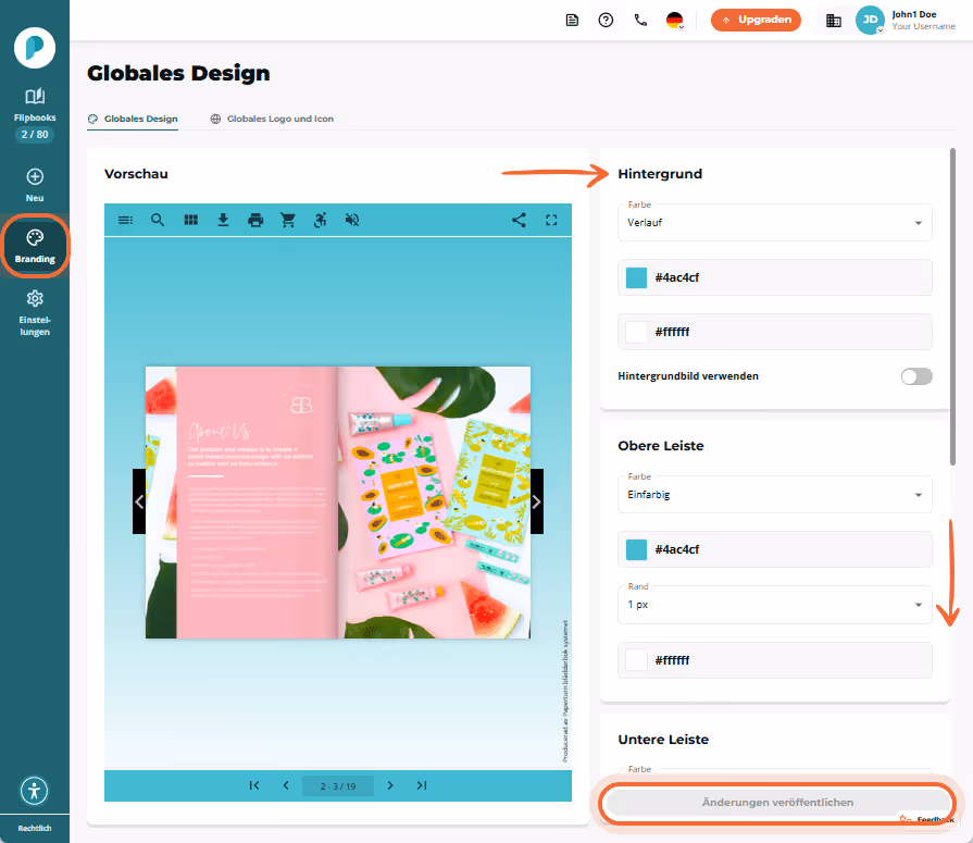 Branding globale Designansicht mit Vorschau links, Hintergrundfarben Steuerungen rechts, eingekreist