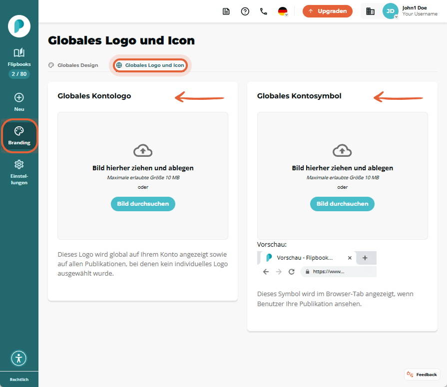 Branding Seite „Globales Logo und Icon“; zwei Upload Felder für Konto Logo und Favicon sind hervorge