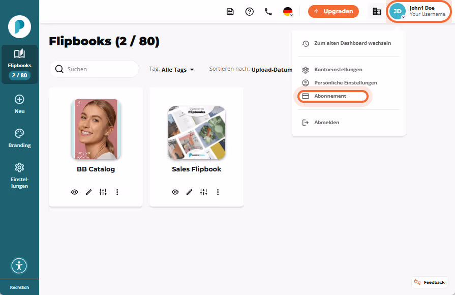 Flipbook Übersicht mit geöffnetem Profilmenü; die Option „Abonnement“ im Dropdown ist eingekreist.