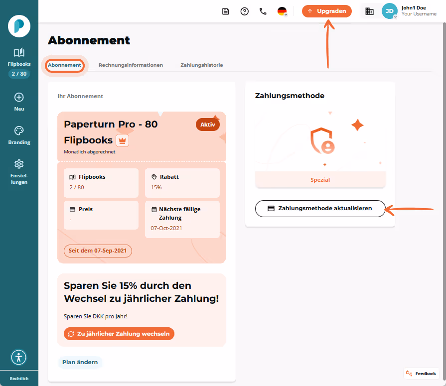 Abonnement Seite mit Plan Karte, Zahlungsarten Panel sowie Pfeil zum Button „Zahlungsmethode aktuali