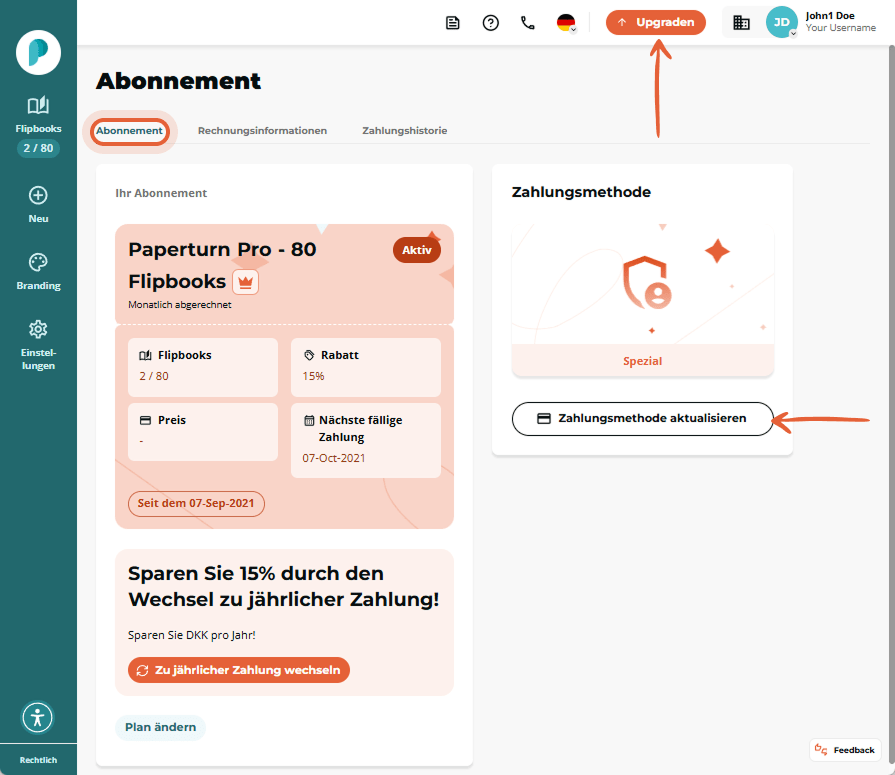 Abonnement Seite mit Plan Karte, Zahlungsarten Panel sowie Pfeil zum Button „Zahlungsmethode aktuali