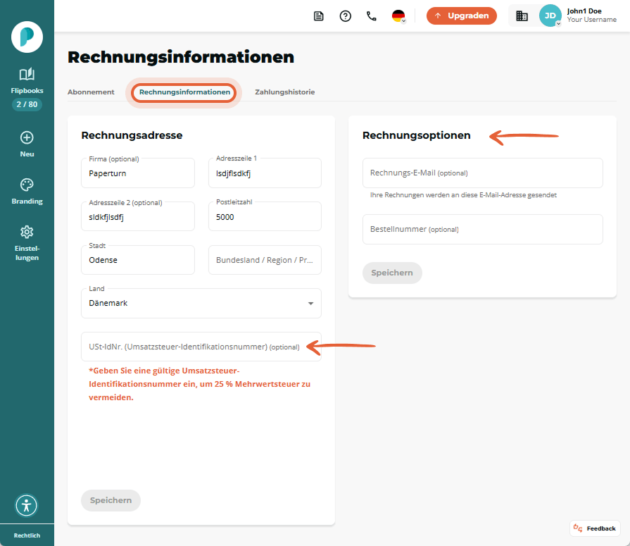 Registerkarte „Rechnungsinformationen“ ausgewählt; Adress und USt Felder links sowie Abrechnungsopti