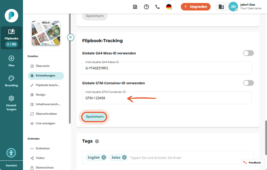 Einstellungsseite der Paperturn-Oberfläche mit Flipbook-Tracking-Bereich, Umschaltern und Eingabefel